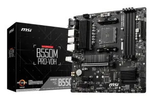 Mainboard|MSI|AMD B550|SAM4|MicroATX|Memory DDR4|Memory slots 4|2xPCI-Express 3.0 1x|1xPCI-Express 4.0 16x|2xM.2|1x15pin D-sub|1xHDMI|1xDisplayPort|2xAudio-In|1xAudio-Out|2xUSB 2.0|4xUSB 3.2|1xPS/2|1xRJ45|B550MPRO-VDH