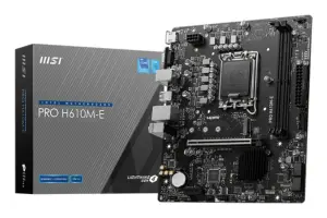 Mainboard|MSI|Intel H610|LGA1700|Micro-ATX|Memory DDR5|Memory slots 2|1xPCI-Express 1x|1xPCI-Express 16x|1xM.2|1x15pin D-sub|1xHDMI|4xUSB 2.0|2xUSB 3.2|1xPS/2|1xRJ45|3xAudio port|PROH610M-E